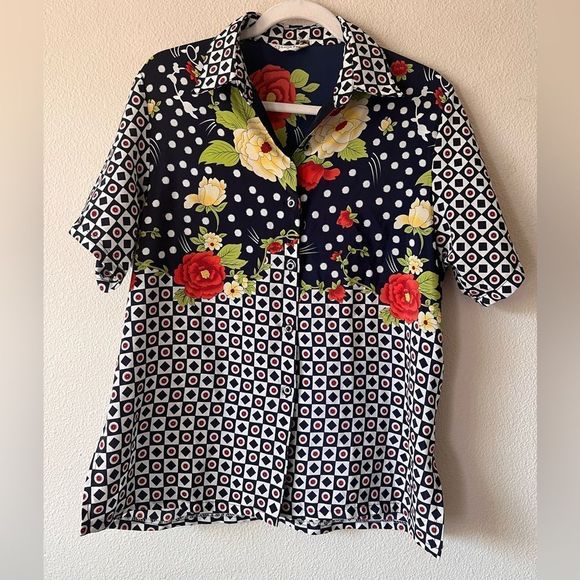 Loon Feng Vintage/Retro 70s Rose Floral Geometric Short Sleeve Button Down Sz XL - Picture 1 of 4